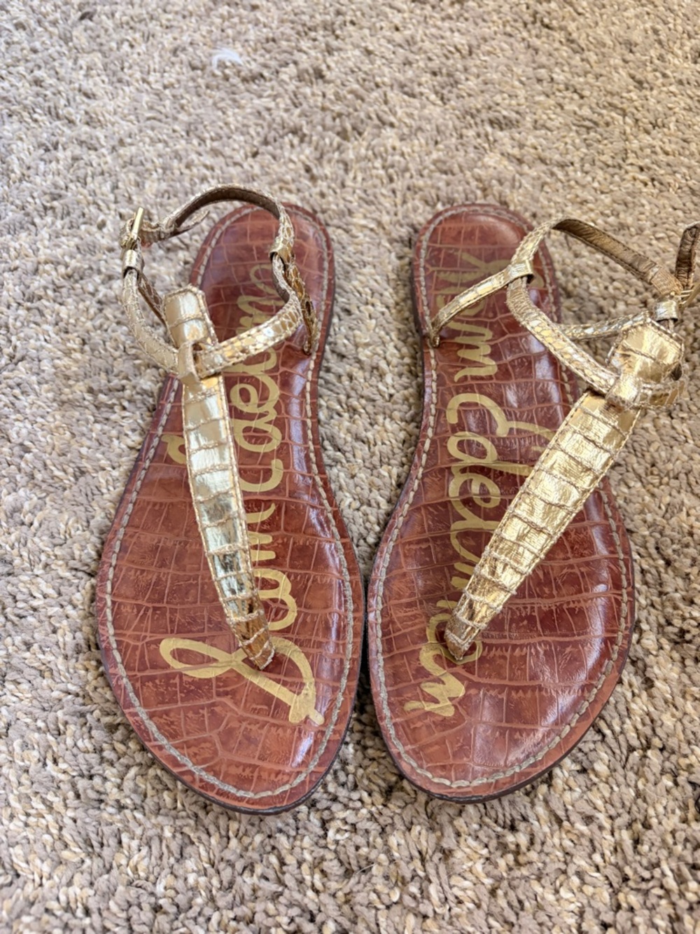 Sam Edelman Metallic Gold Croc-Embossed Footbed T-Strap Sandals